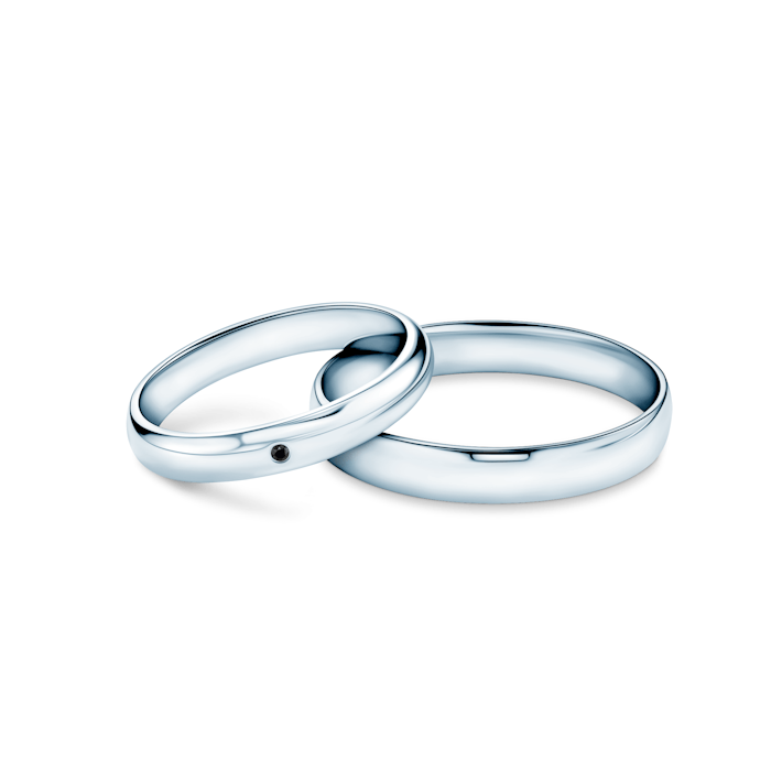 Snubní prsteny Fairytale: bílé zlato, černý diamant, půlkulaté, 3 mm + 4 mm