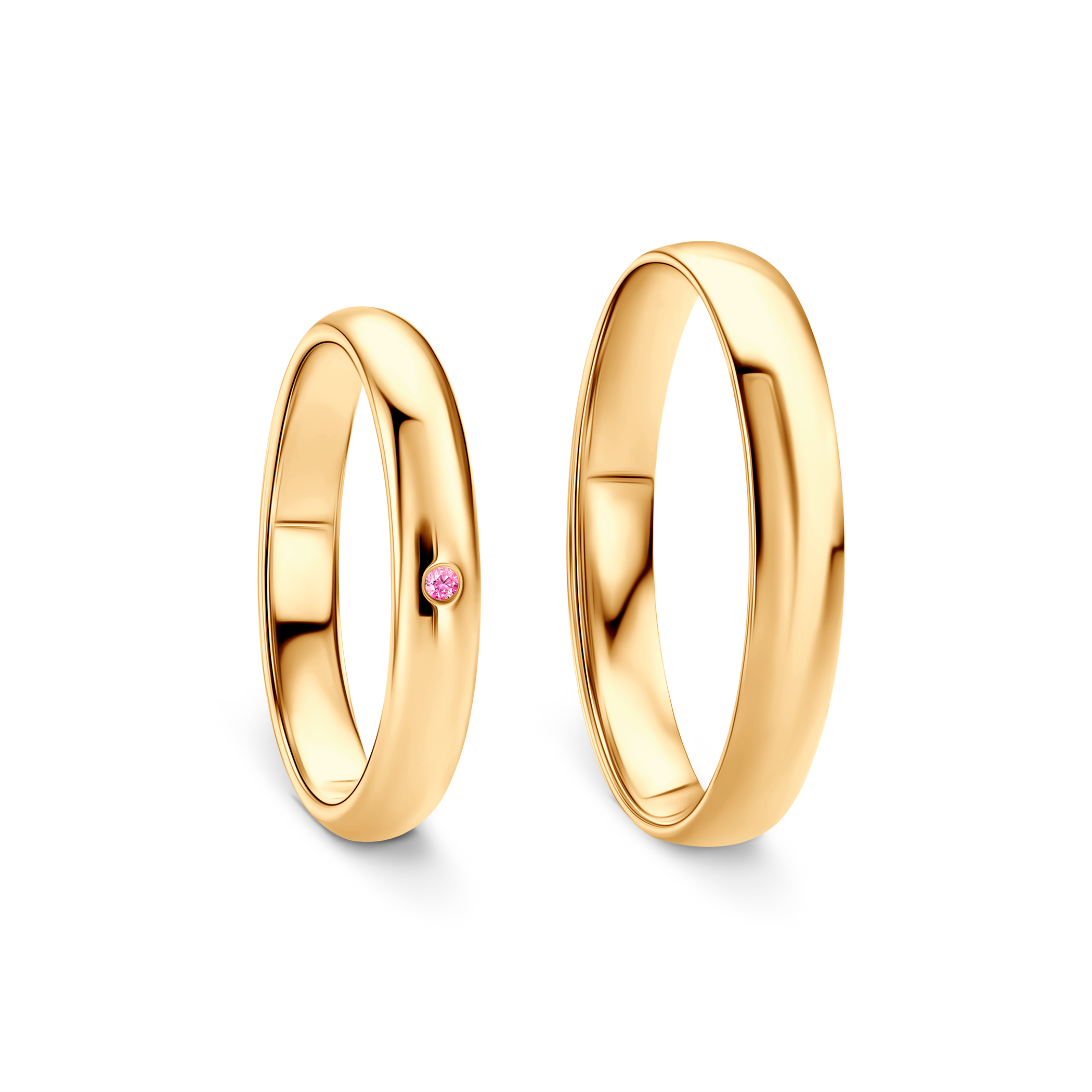 Obrączki Fairytale: złote, różowy szafir, półokrągłe, 3 mm i 4 mm