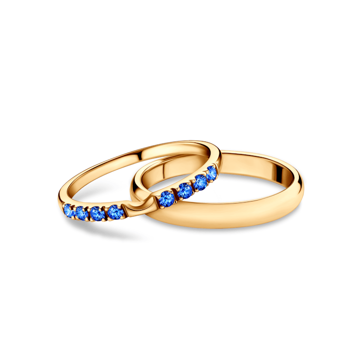 The Journey Collection | Wedding Rings: gold, blue sapphire, D-Shaped, 2 mm and 3 mm