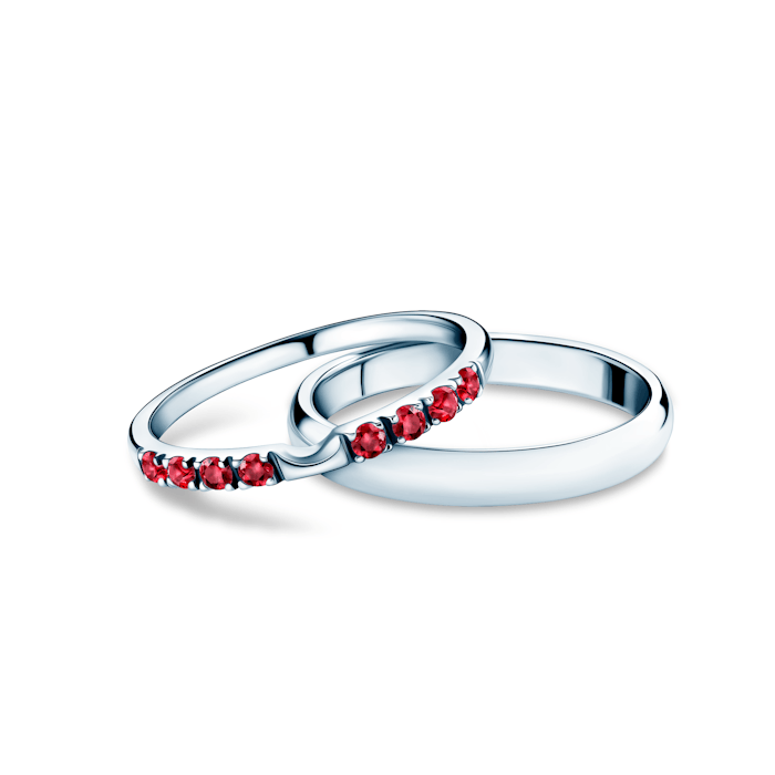 The Journey Collection | Wedding Rings: white gold, ruby, D-Shaped, 2 mm and 3 mm