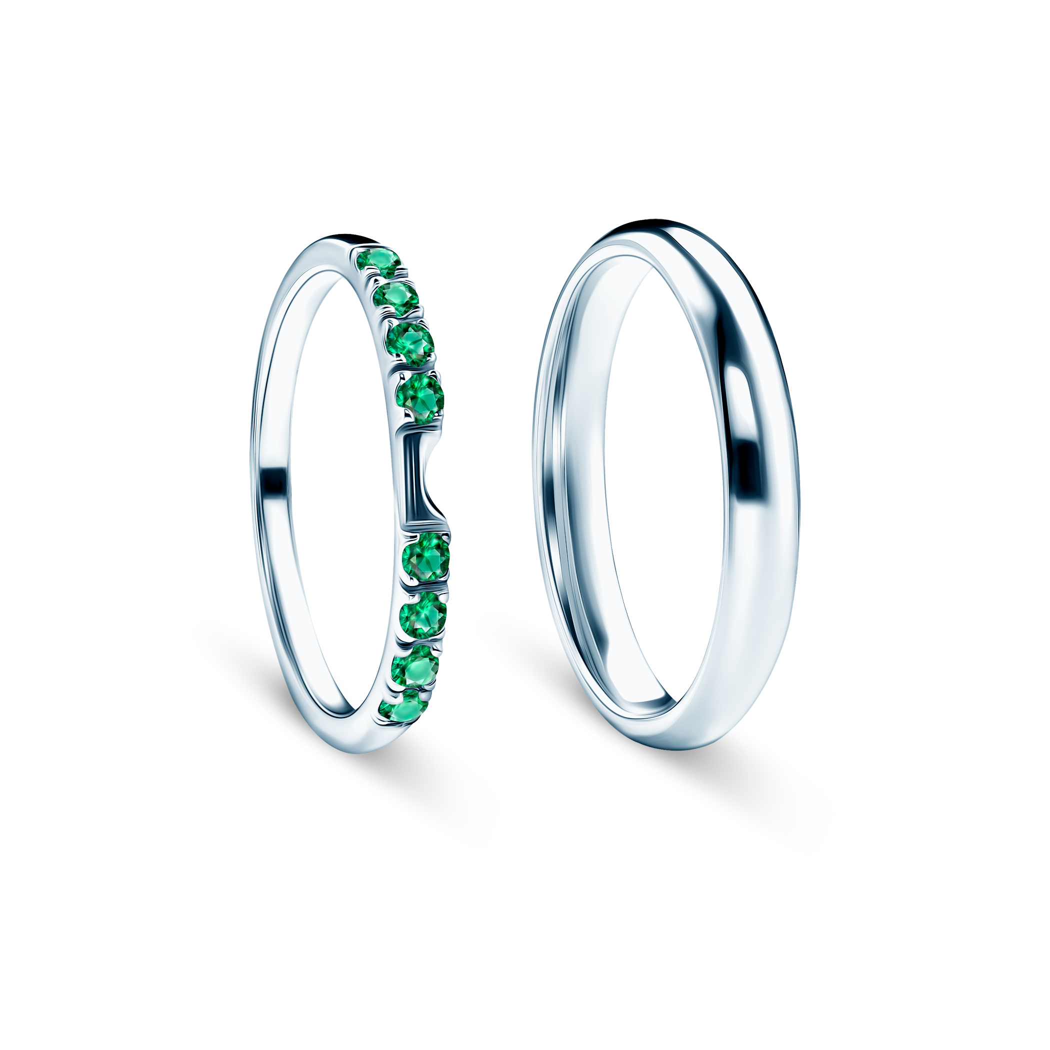 Obrączki The Journey: białe złoto, szmaragd, półokrągłe, 2 mm i 3 mm