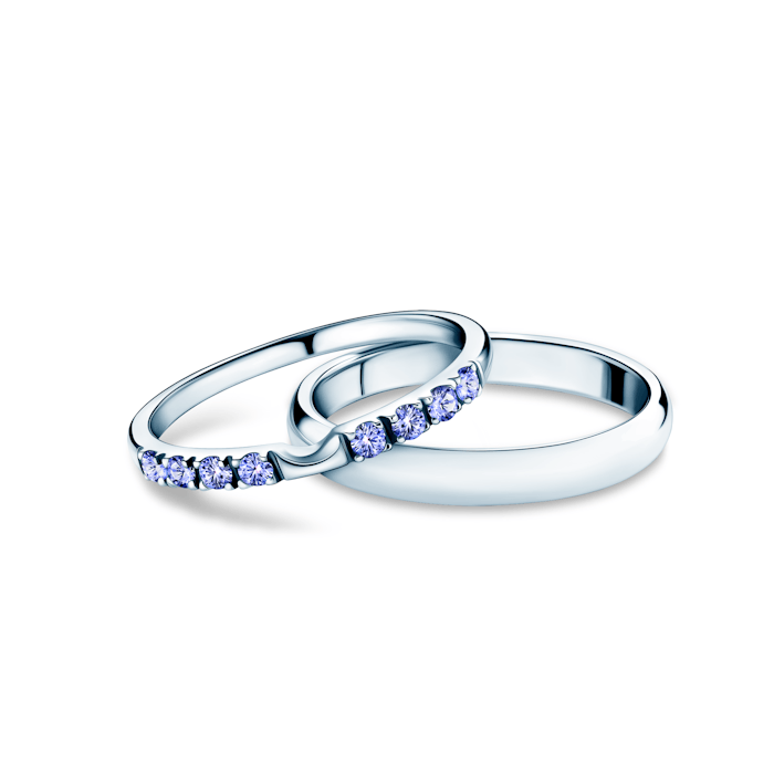 The Journey Collection | Wedding Rings: white gold, tanzanite, D-Shaped, 2 mm and 3 mm