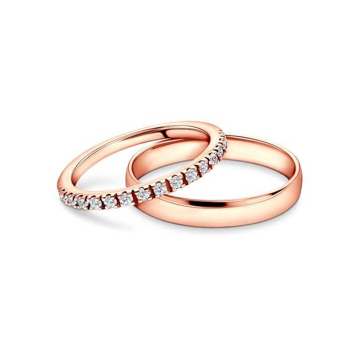 Svadobné obrúčky The Light: ružové zlato, diamanty, polguľaté, 1,5 mm + 3,5 mm