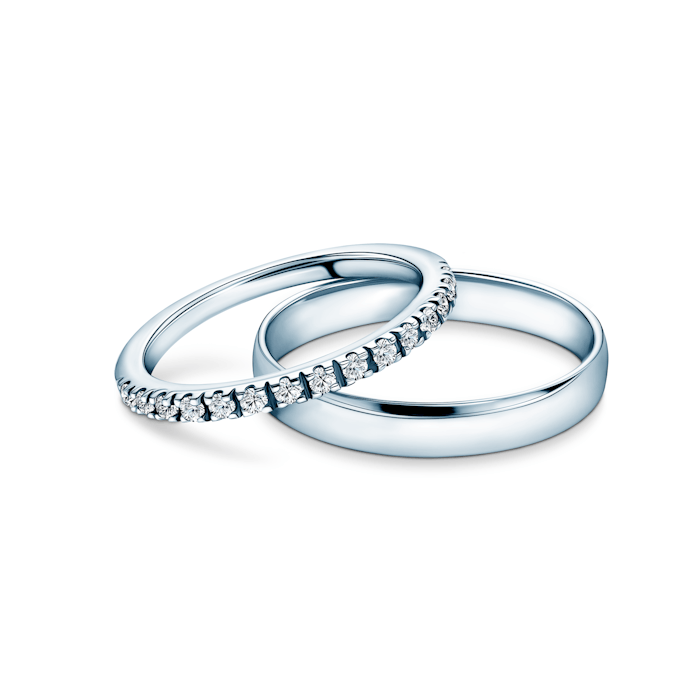 Snubní prsteny The Light: bílé zlato, diamanty, půlkulaté, 1,5 mm + 3,5 mm