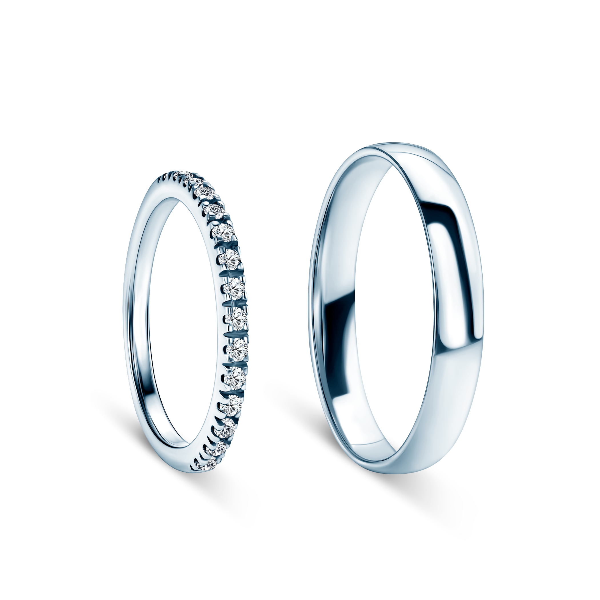 Obrączki ślubne The Light: białe złoto, diamenty, półokrągłe, 1,5 mm i 3,5 mm