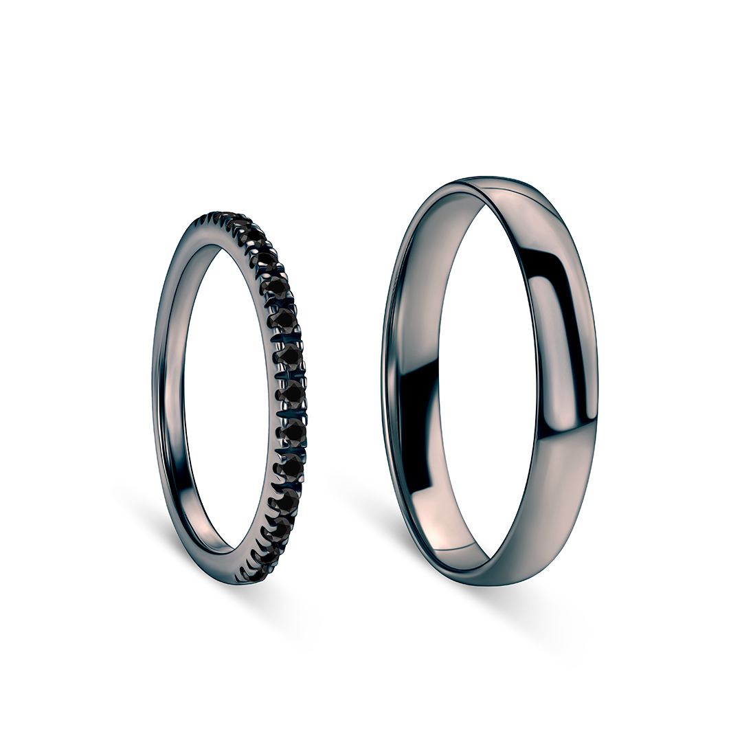 Obrączki ślubne The Light: czarne złoto, czarne diamenty, półokrągłe, 1,5 mm i 3,5 mm