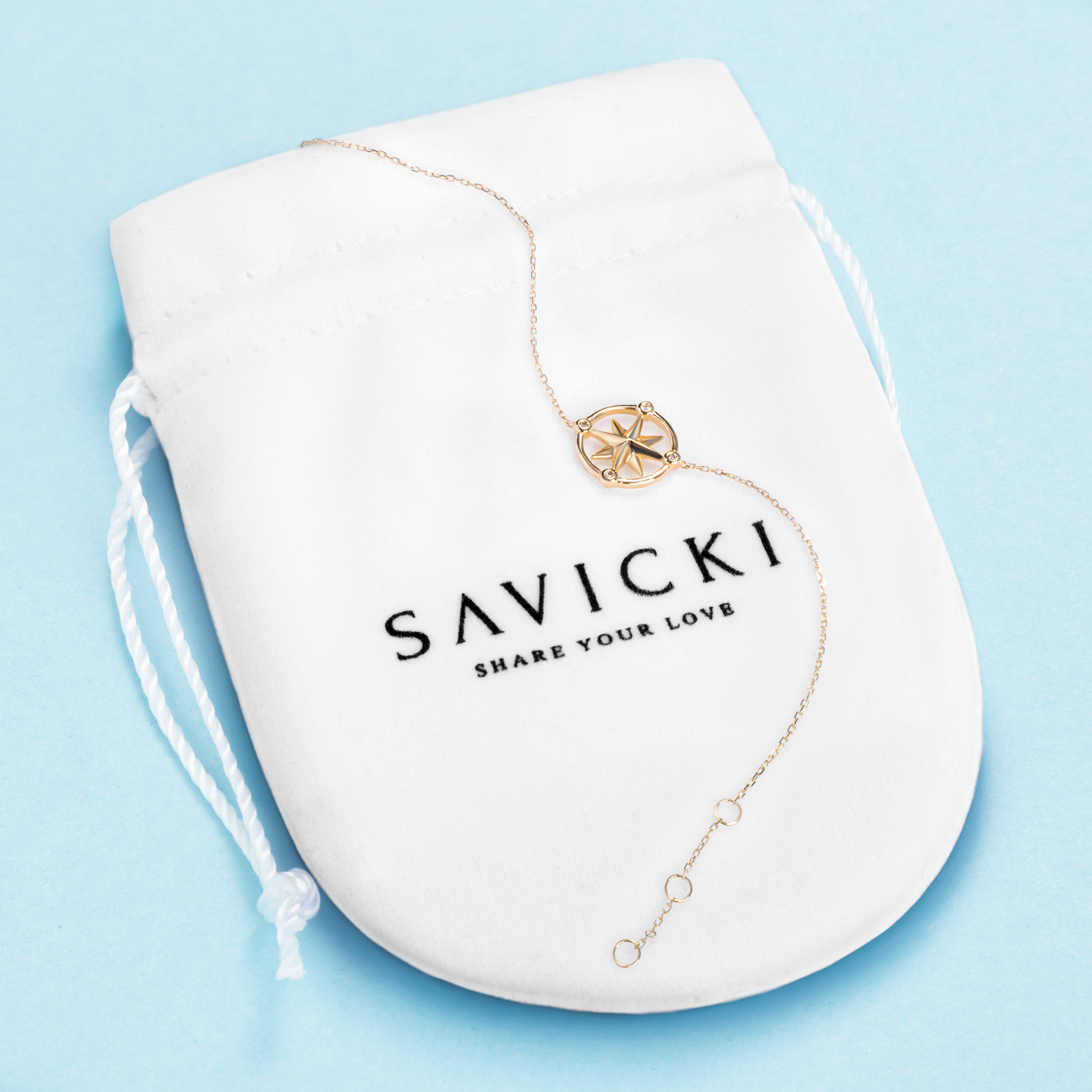 Bransoletka celebrytka róża wiatrów złota 585 z białym diamentem 0.02ct 18cm