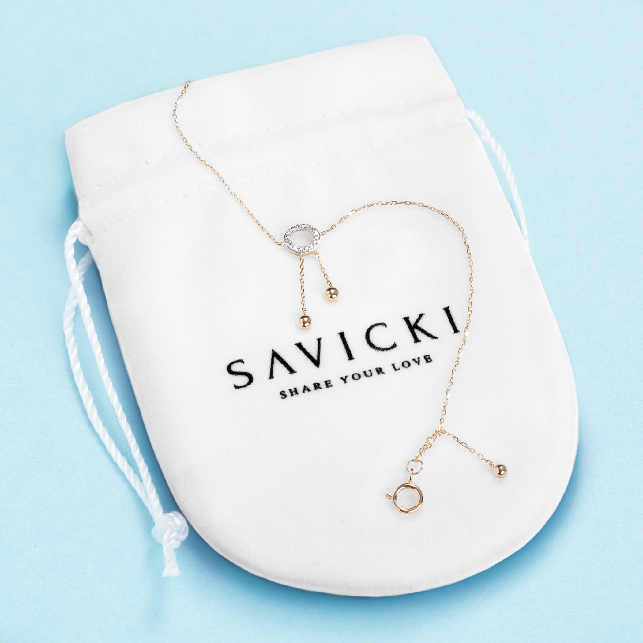 Bransoletka celebrytka koło złota 585 z białym diamentem 0.02ct 18cm - 3