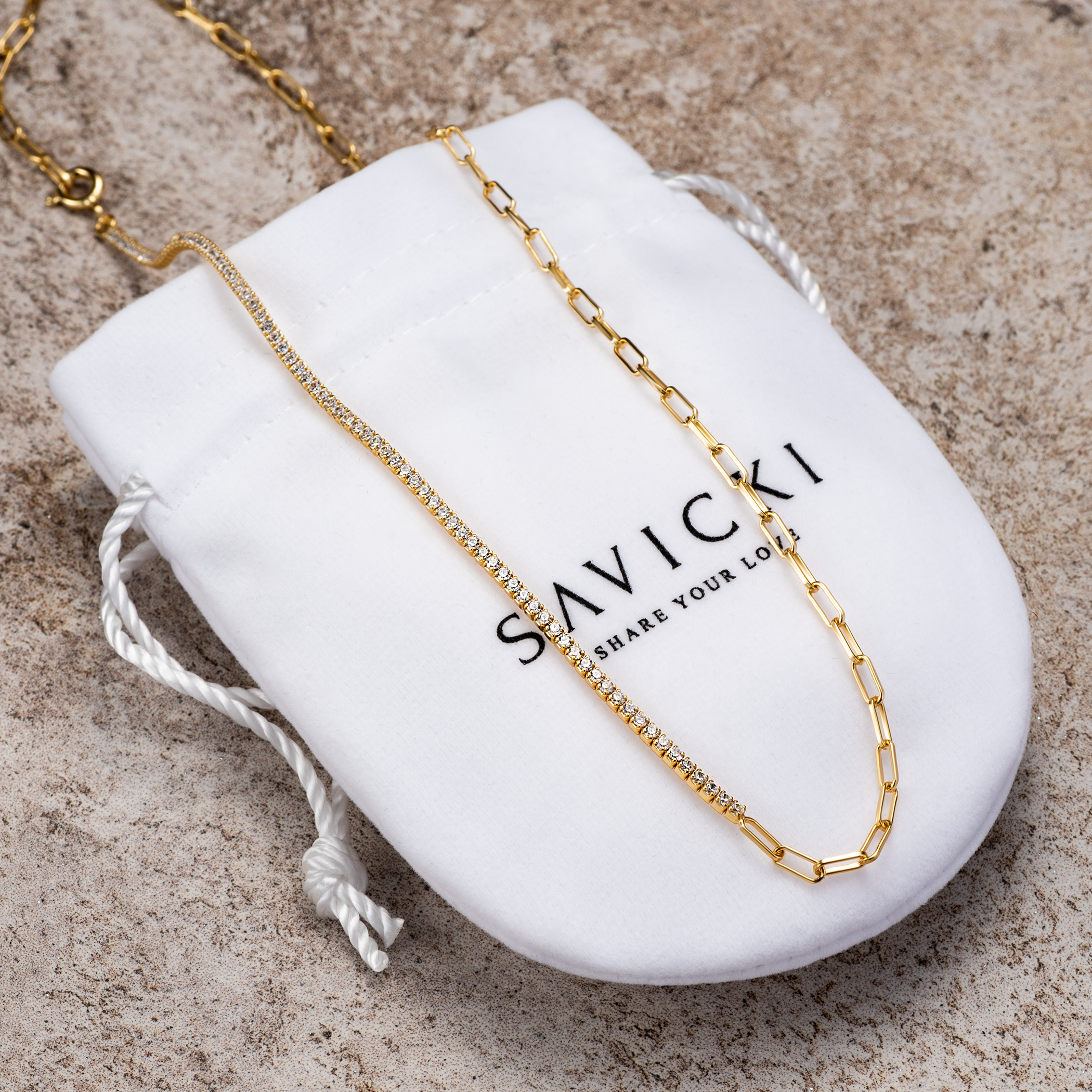 Naszyjnik Savicki: srebrny pozłacany, cyrkonie