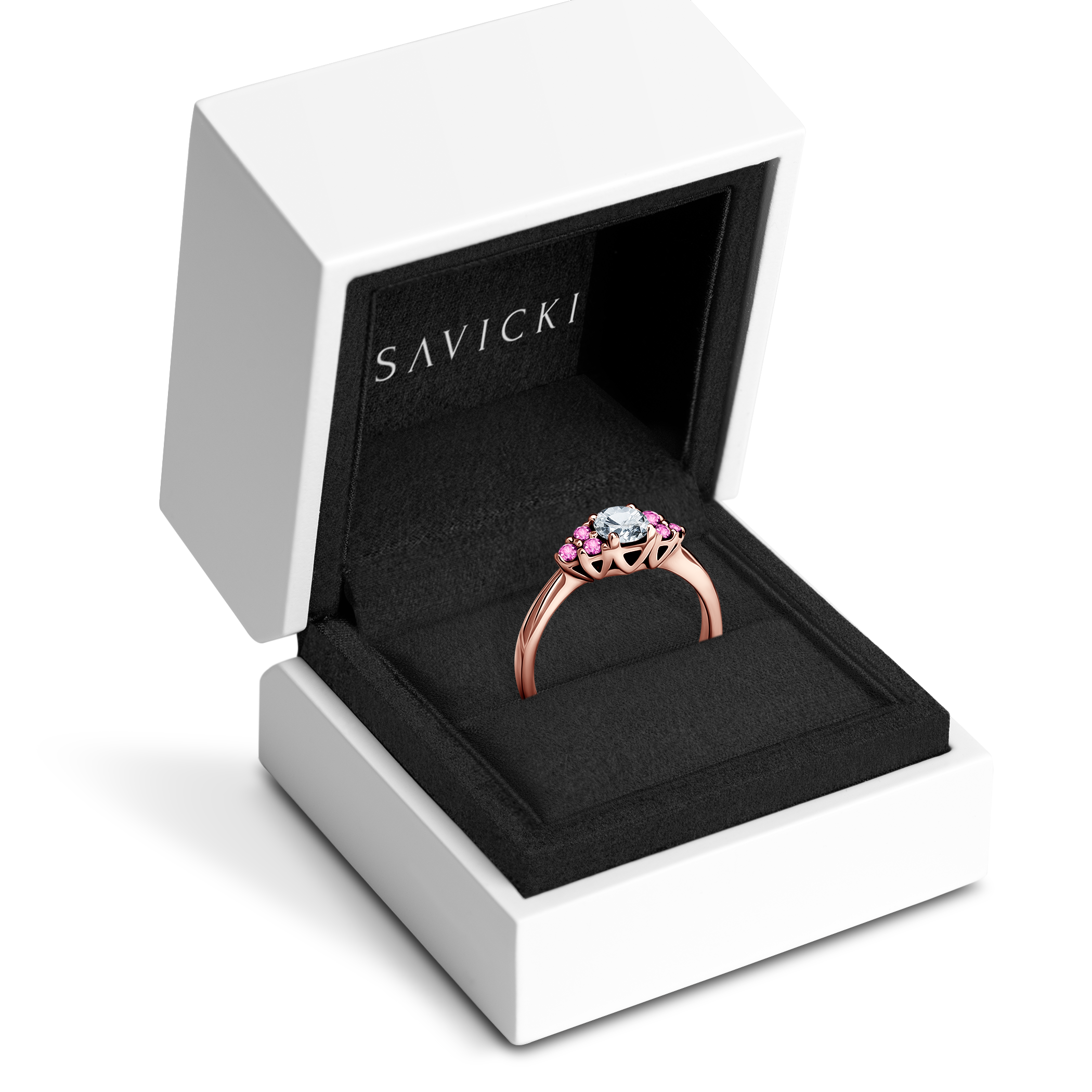 Pierścionek zaręczynowy Fairytale: różowe złoto, biały szafir