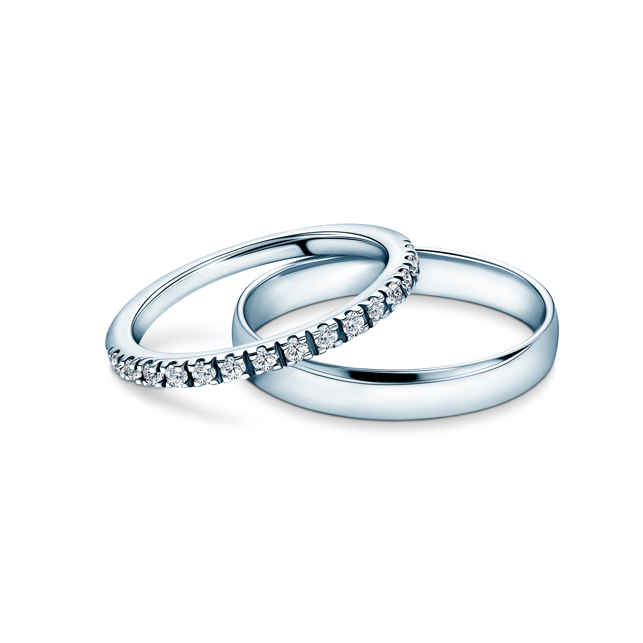 Obrączki ślubne The Light: białe złoto, diamenty laboratoryjne, półokrągłe, 1,5 mm i 3,5 mm