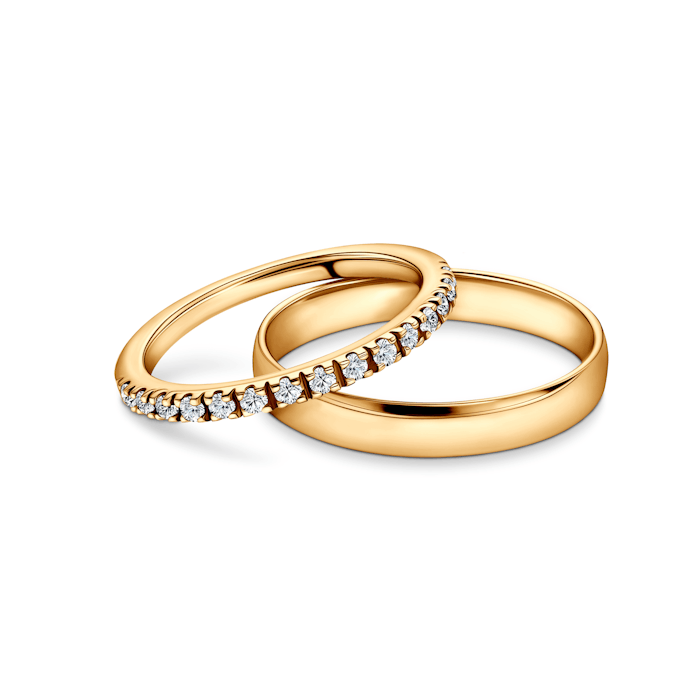 Obrączki ślubne The Light: złote, diamenty laboratoryjne, półokrągłe, 1,5 mm i 3,5 mm