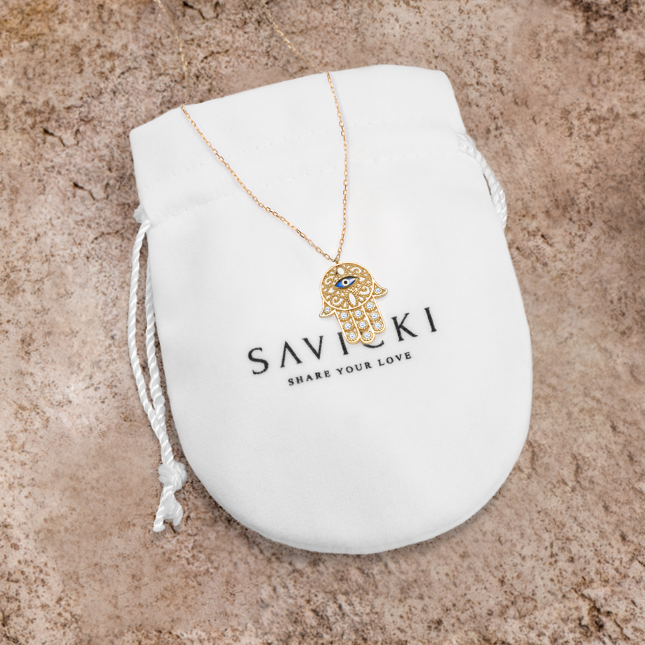 Halskette Savicki Hand der Fatima, Auge des Propheten: Gold, Diamanten