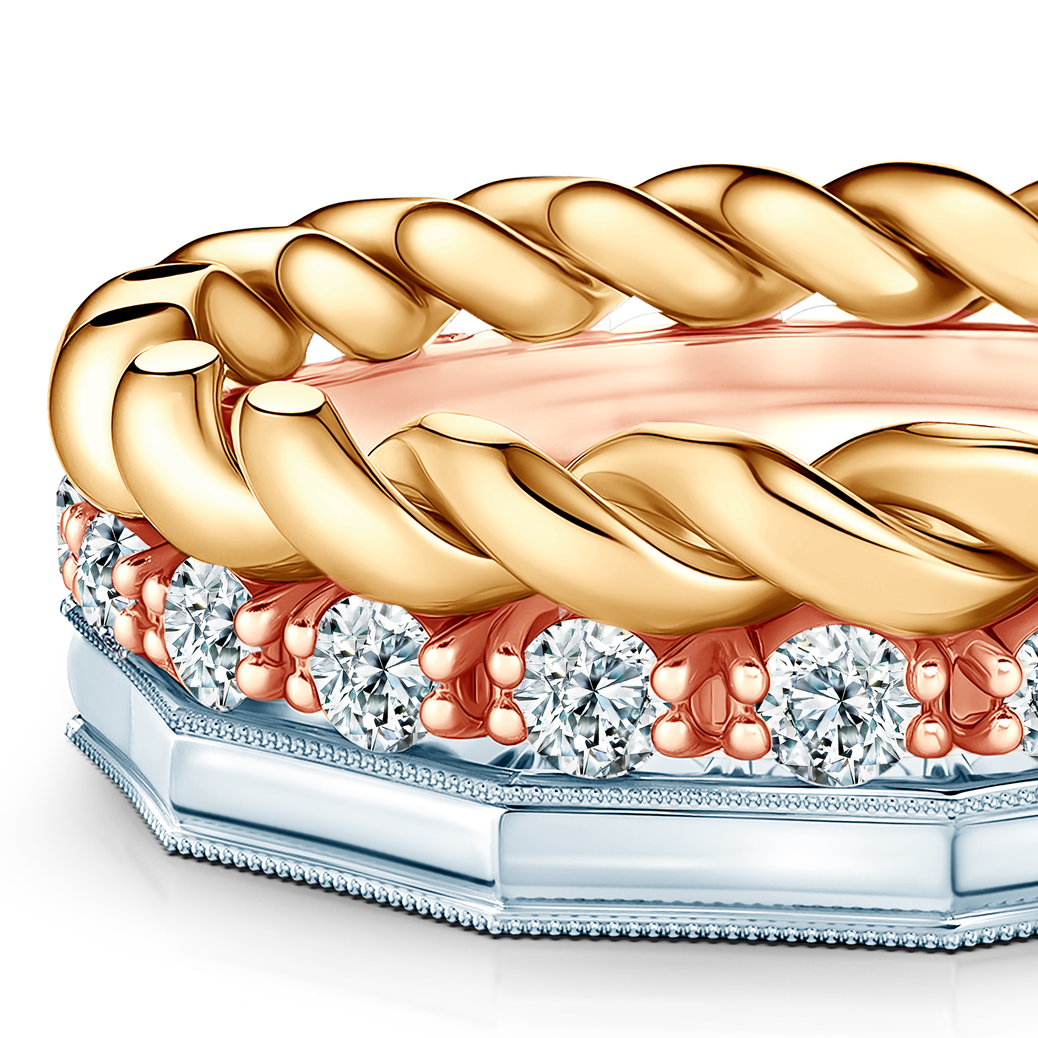 Pierścionki Symphony zestaw: złoty, trzykolorowy, diamenty laboratoryjne