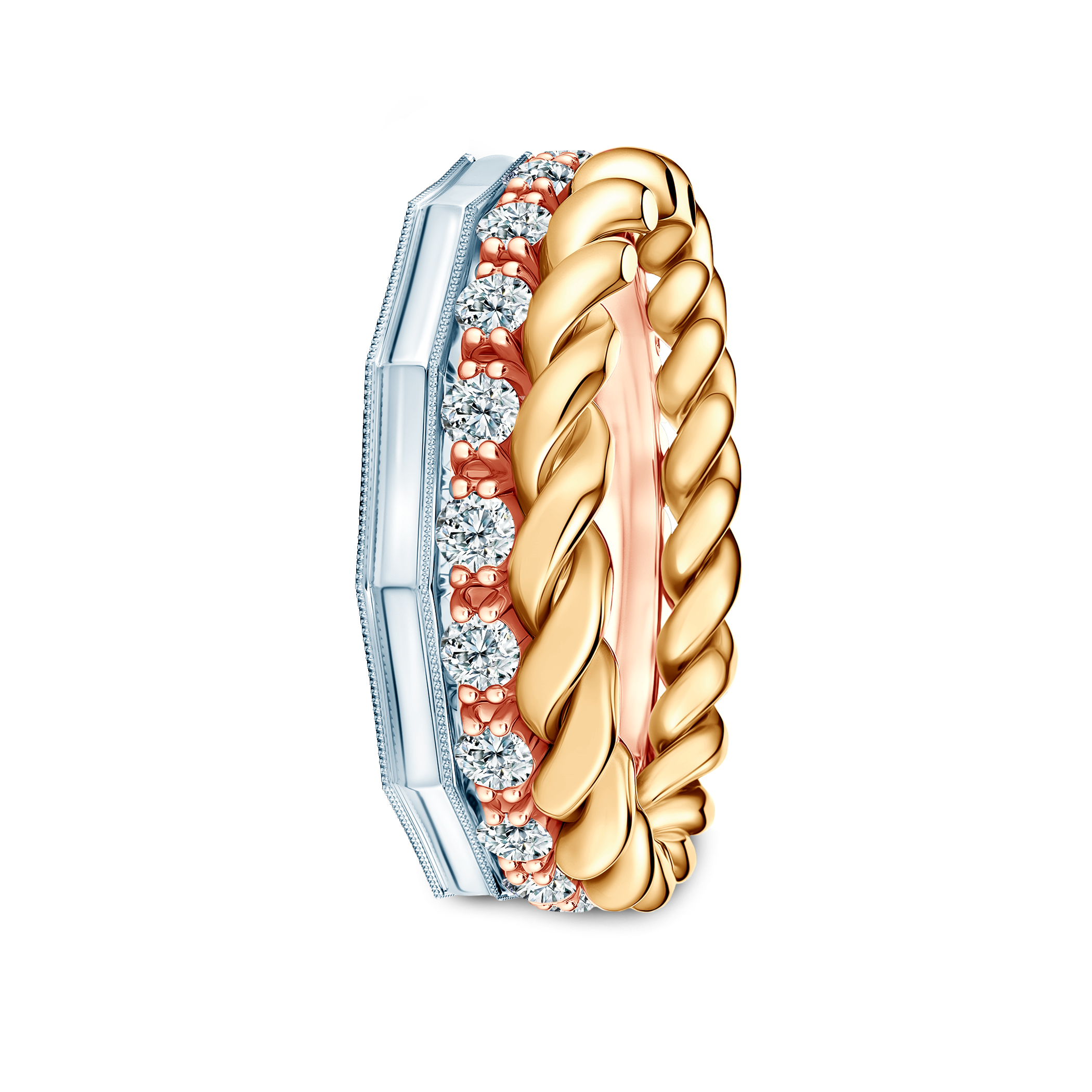 Pierścionki Symphony zestaw: złoty, trzykolorowy, diamenty