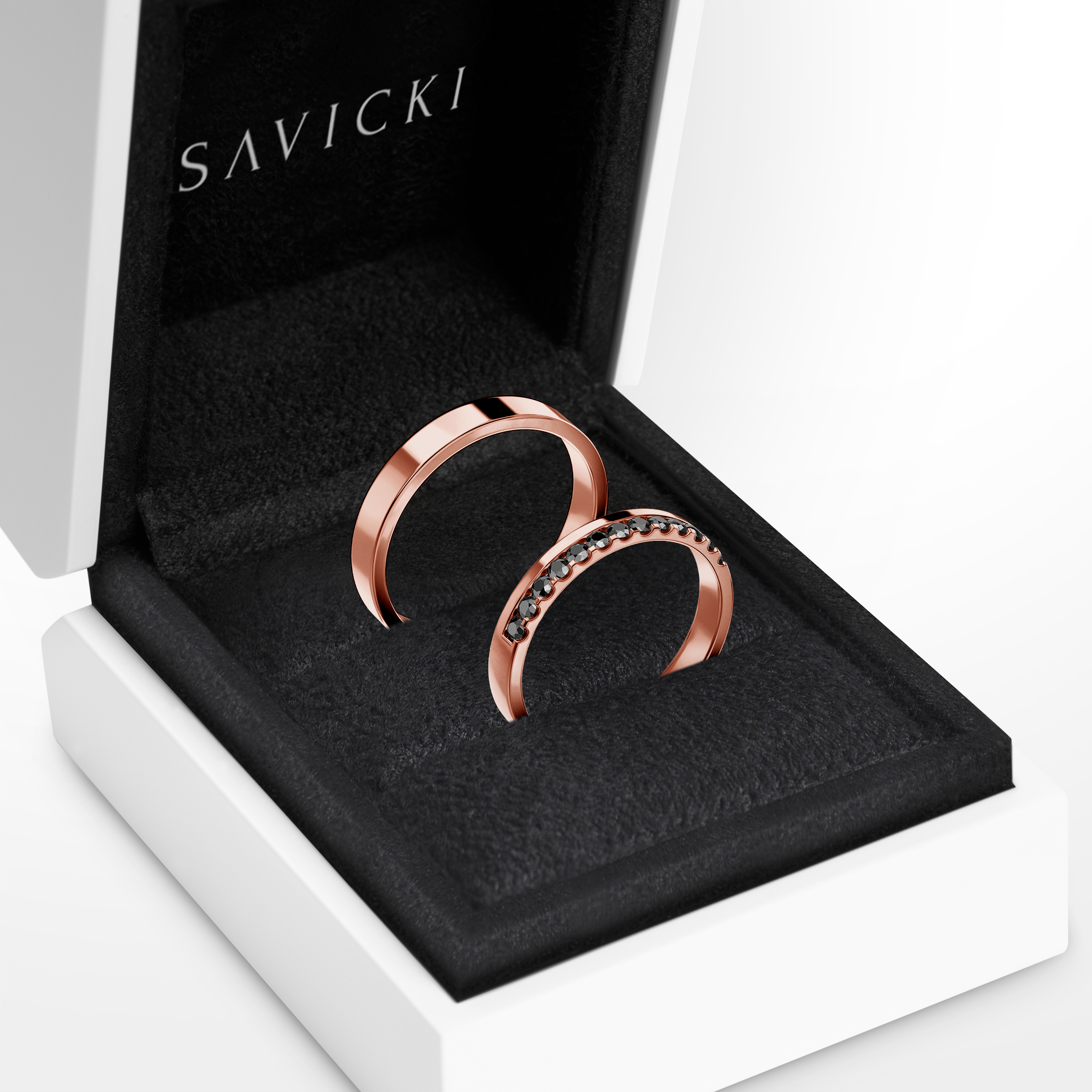 Obrączki Dream: różowe złoto, czarne diamenty, płaskie, 3 mm