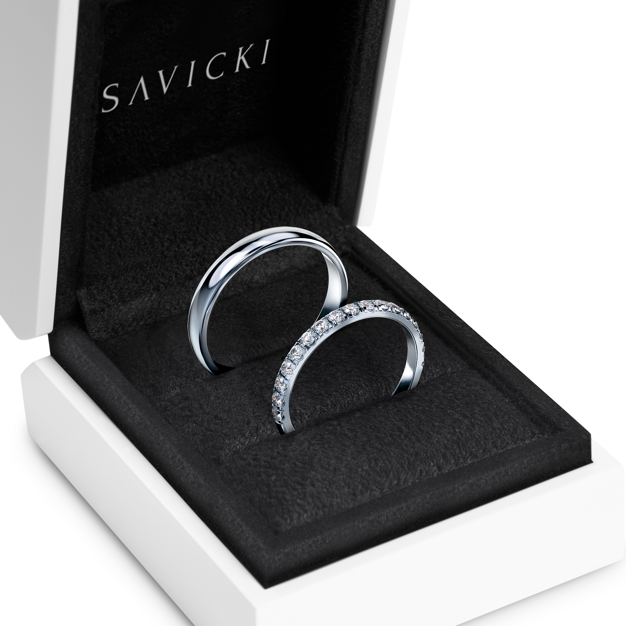 Obrączki ślubne The Light: białe złoto, diamenty, półokrągłe, 1,5 mm i 3,5 mm