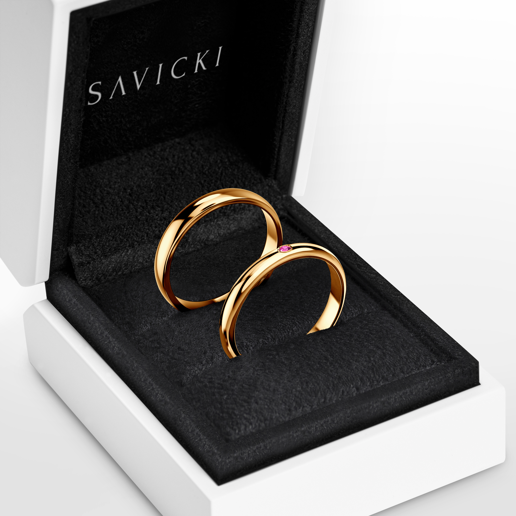 Obrączki Fairytale: złote, różowy szafir, półokrągłe, 3 mm i 4 mm