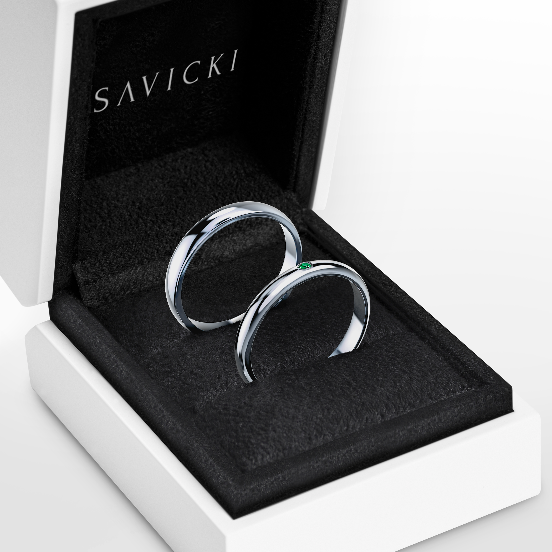 Obrączki Fairytale: białe złoto, szmaragd, półokrągłe, 3 mm i 4 mm