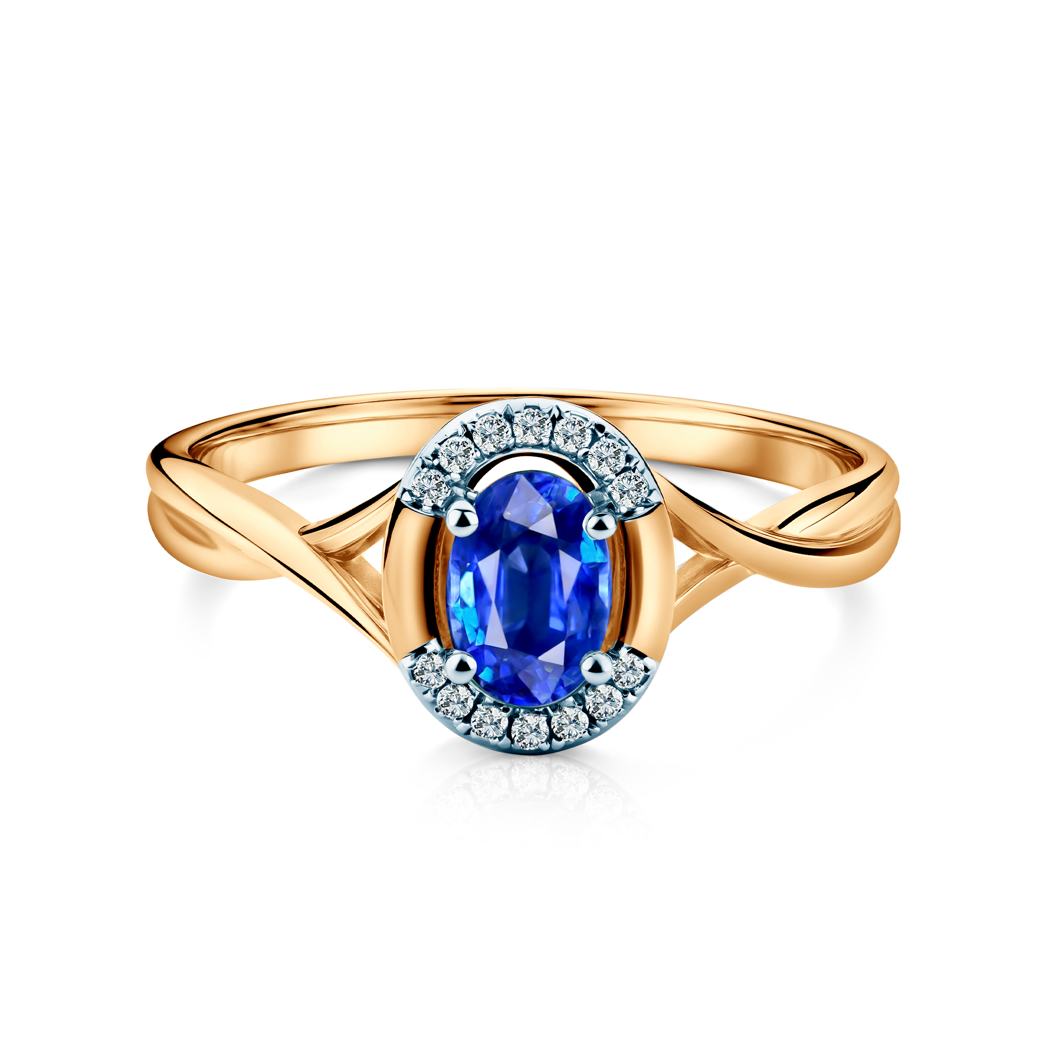 Pierścionek zaręczynowy SAVICKI: dwukolorowe złoto, niebieski szafir, diamenty