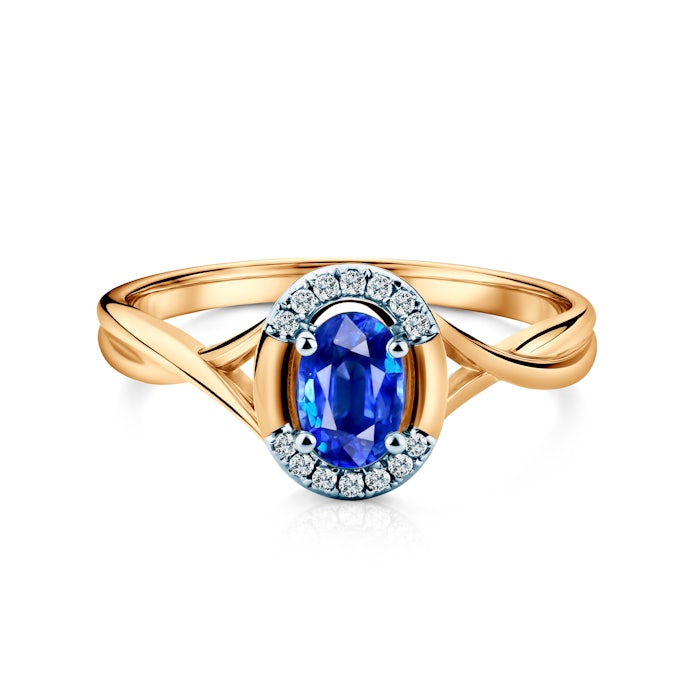 Pierścionek zaręczynowy SAVICKI: dwukolorowe złoto, niebieski szafir, diamenty