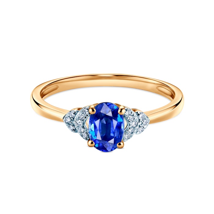 Pierścionek zaręczynowy SAVICKI: dwukolorowe złoto, niebieski szafir, diamenty