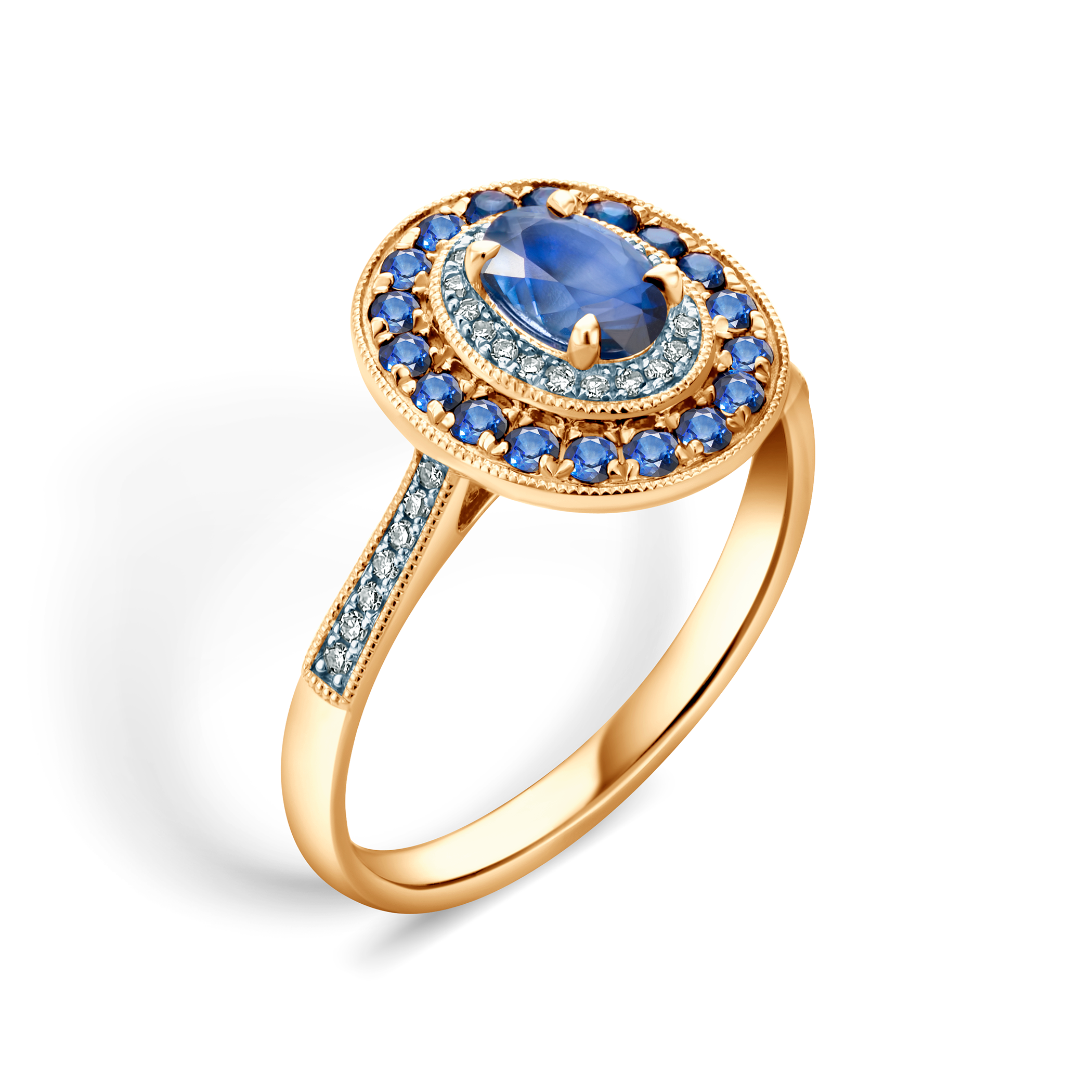 Ring Rosavine: zweifarbiges Gold, blauer Saphir, Diamanten