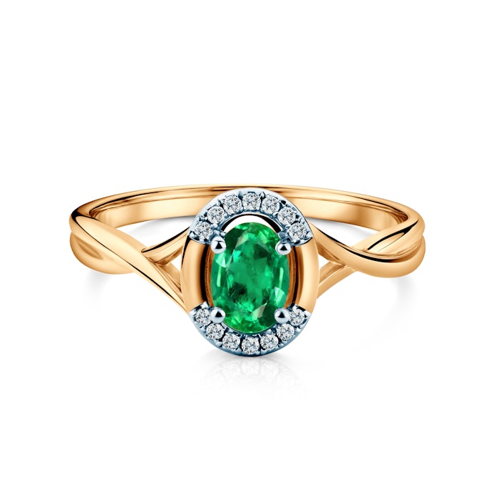 Pierścionek zaręczynowy SAVICKI: dwukolorowe złoto, szmaragd, diamenty