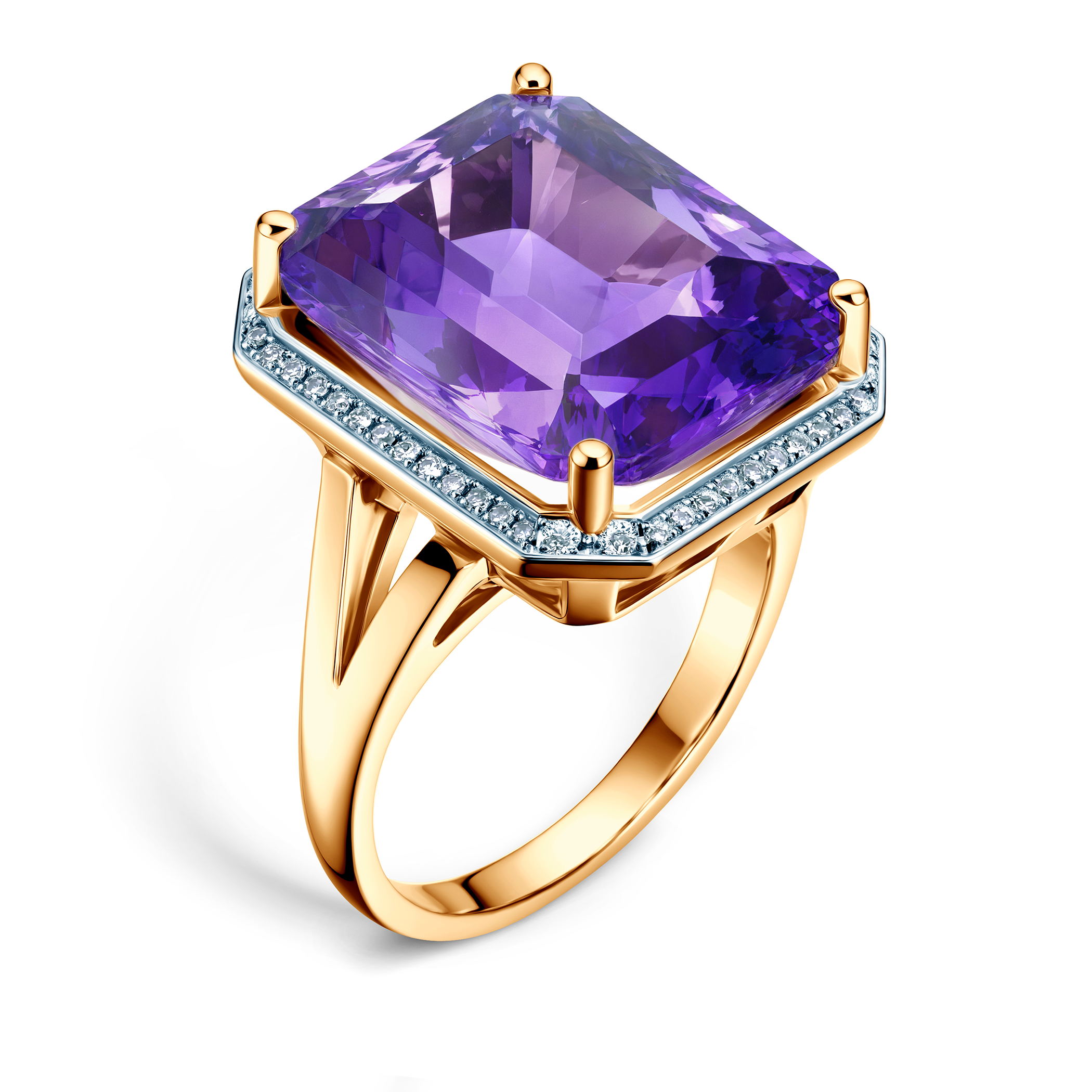 Goldring Savicki: zweifarbiges Gold, Amethyst, Diamanten