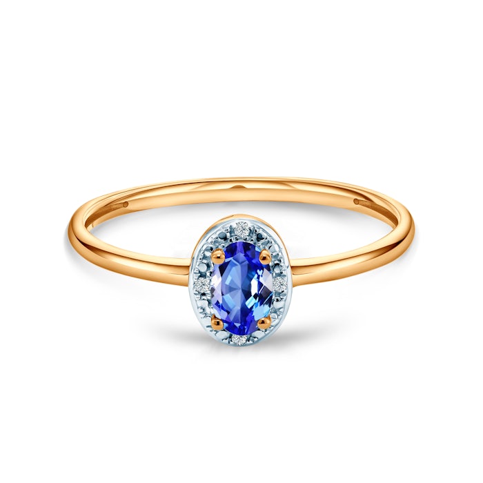 Pierścionek zaręczynowy SAVICKI: dwukolorowe złoto, niebieski szafir, diamenty