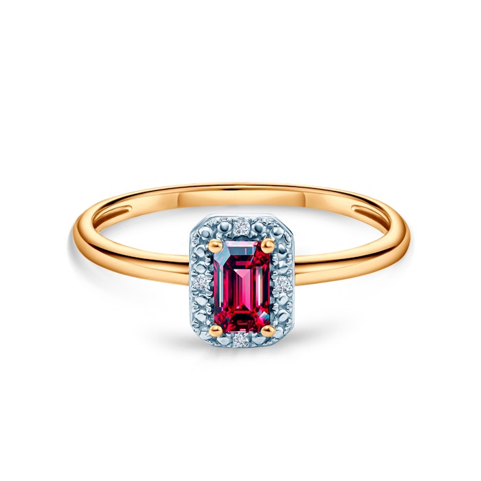 Pierścionek zaręczynowy SAVICKI: dwukolorowe złoto, rubin, diamenty