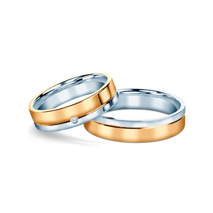 Obrączki ślubne: dwukolorowe złoto, płaskie, 5 mm