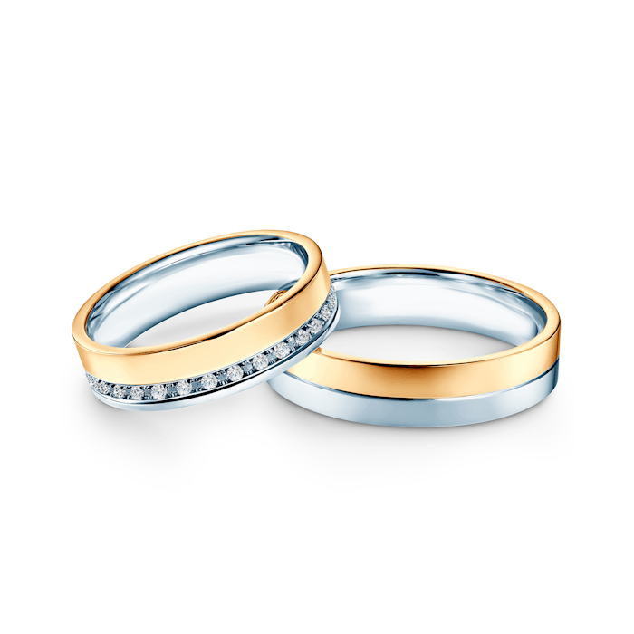 Obrączki ślubne: dwukolorowe złoto, płaskie, 5 mm