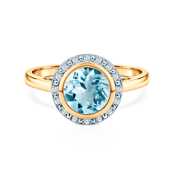 Pierścionek zaręczynowy SAVICKI: dwukolorowe złoto, topaz, diamenty