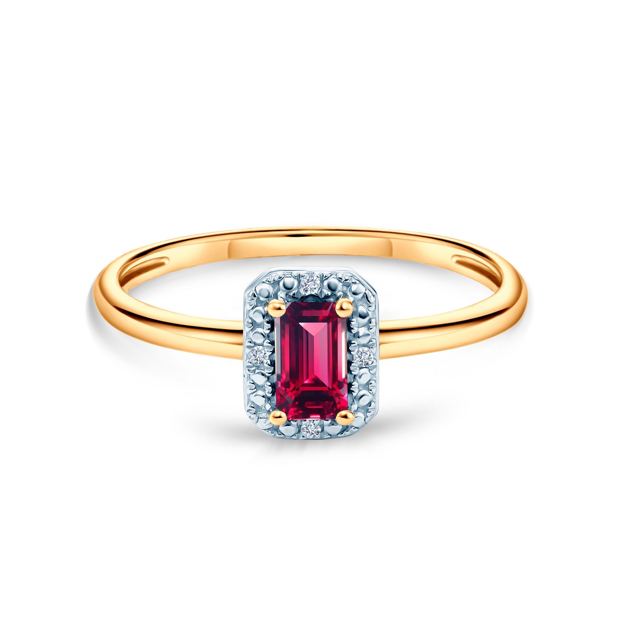 Pierścionek zaręczynowy SAVICKI: dwukolorowe złoto, rubin, diamenty