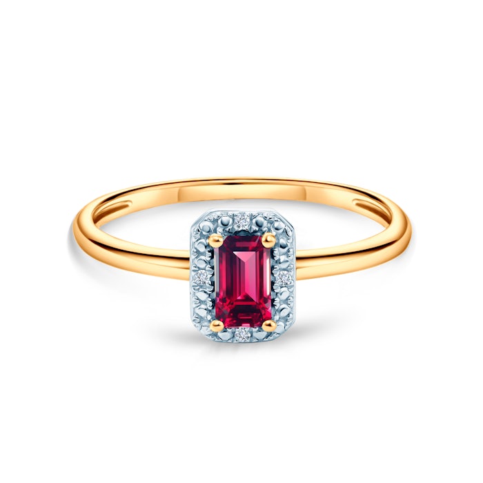 Pierścionek zaręczynowy SAVICKI: dwukolorowe złoto, rubin, diamenty