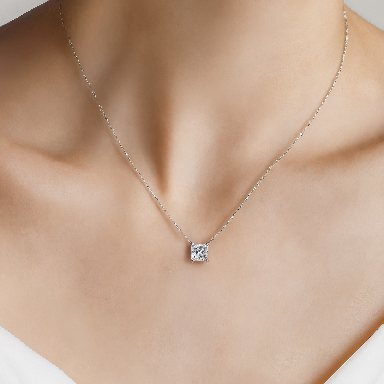 Naszyjnik z białego złota 585 z białym diamentem laboratoryjnym 0.5ct w szlifie princessa 48 cm - 4