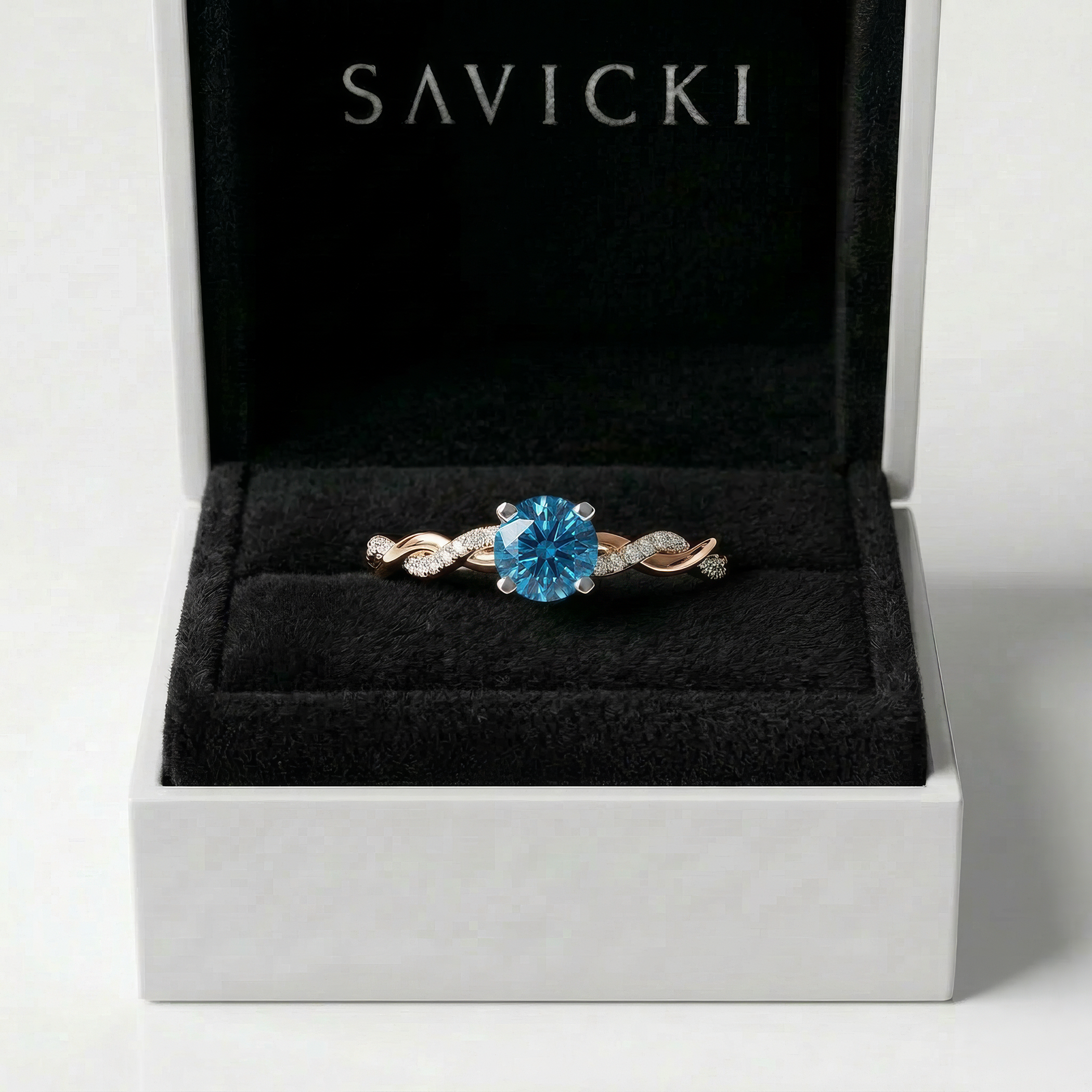 Pierścionek zaręczynowy SAVICKI: dwukolorowe złoto, niebieski diament laboratoryjny