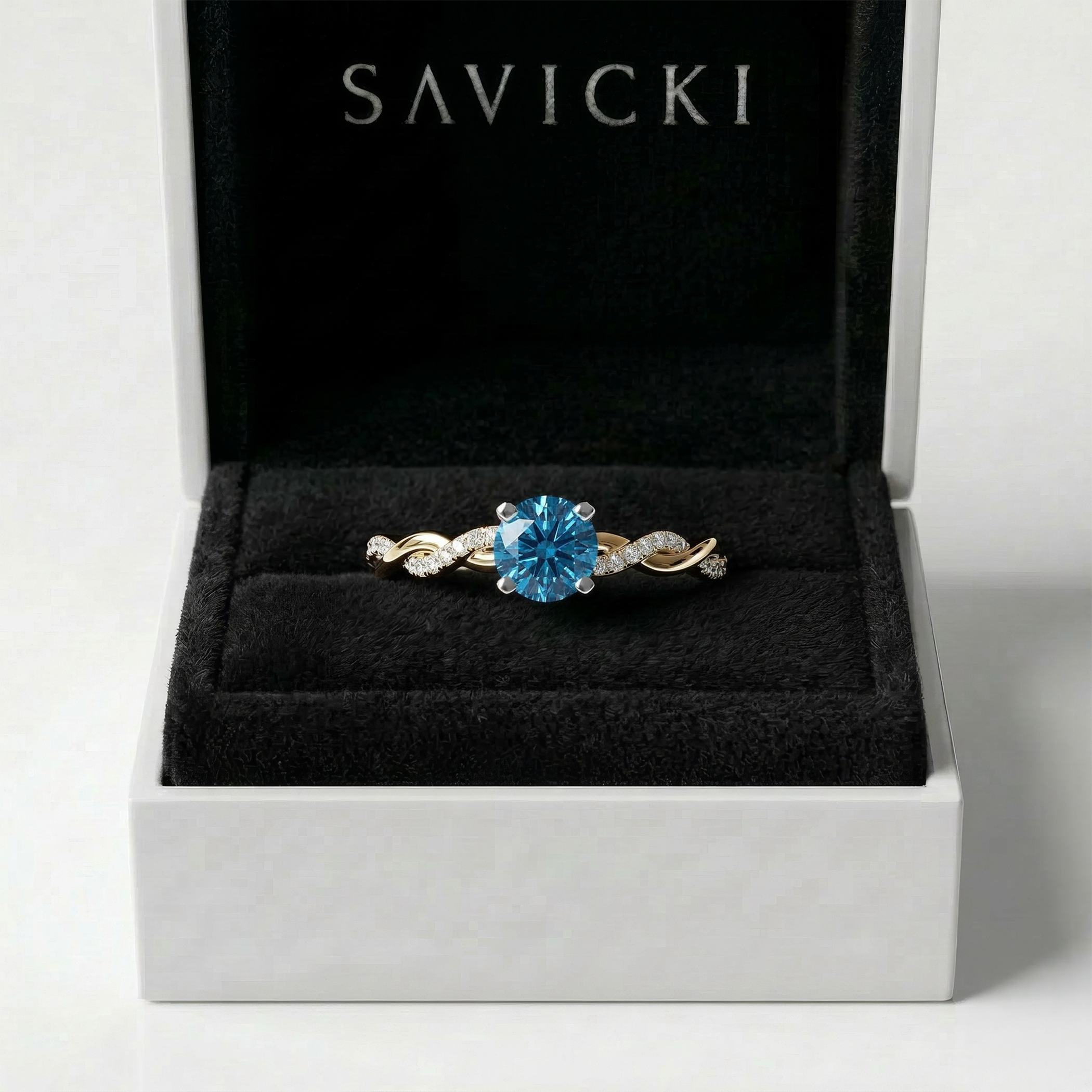 Pierścionek zaręczynowy SAVICKI: złoty, niebieski diament laboratoryjny