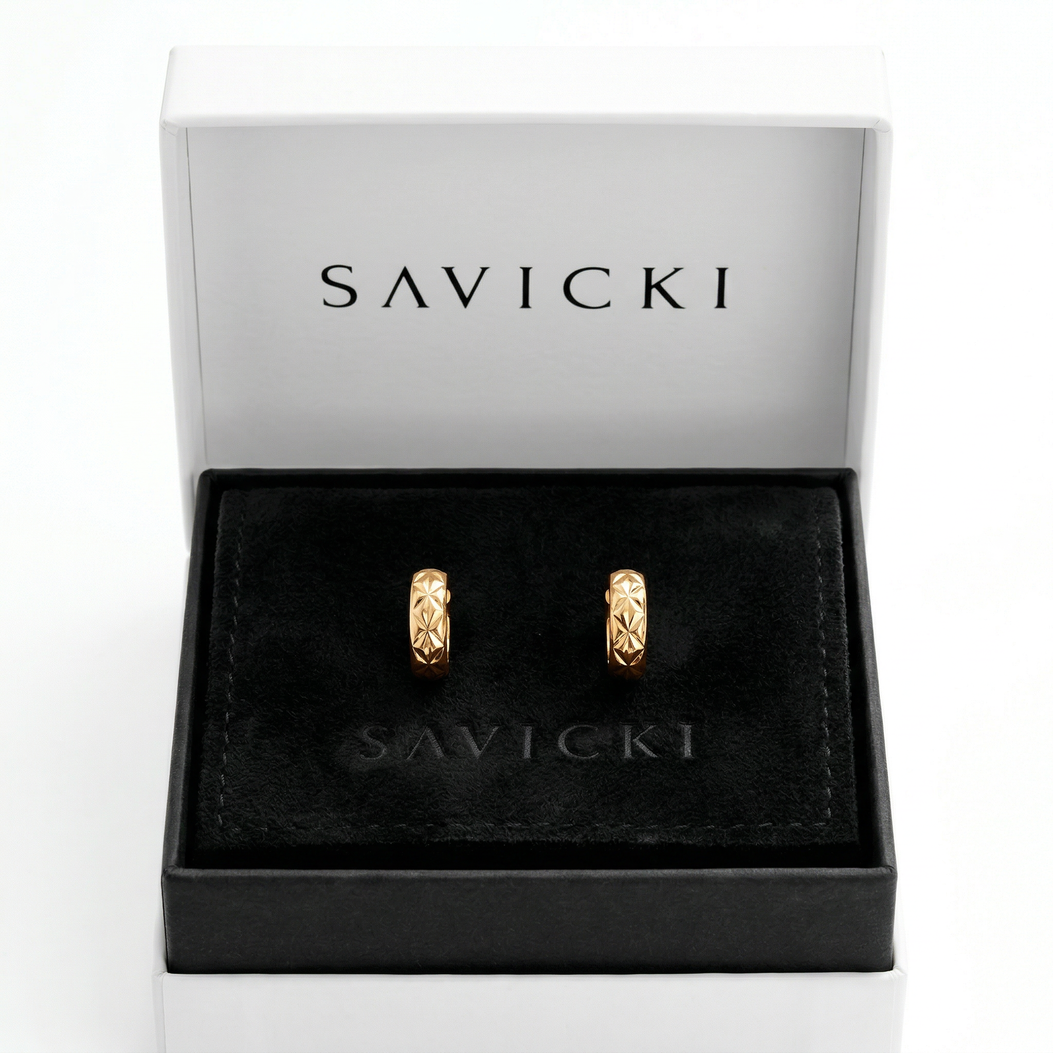 Kolczyki SAVICKI: zdobione diamentowanymi paskami złote (585) - 7