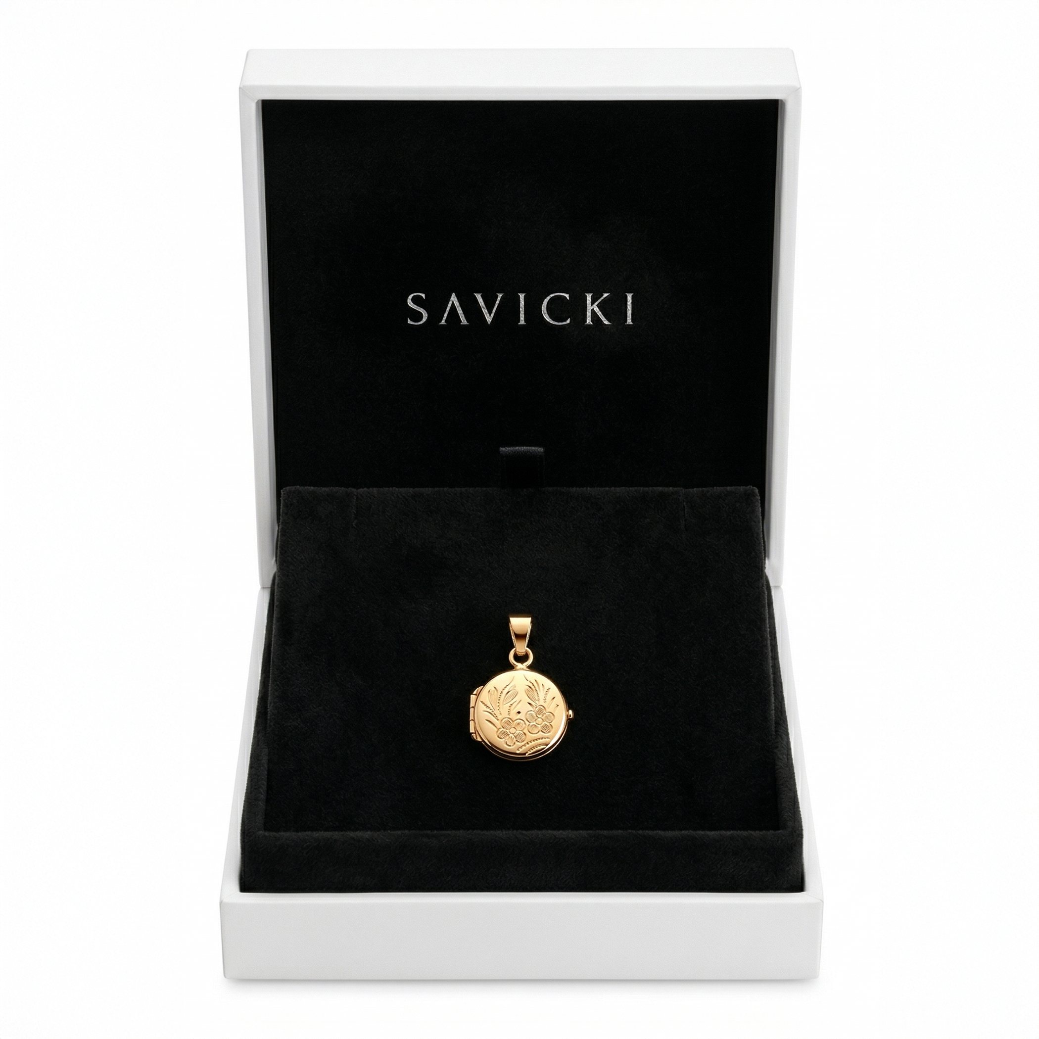 Zawieszka złota SAVICKI: puzderko z wygrawerowanym kwiatem