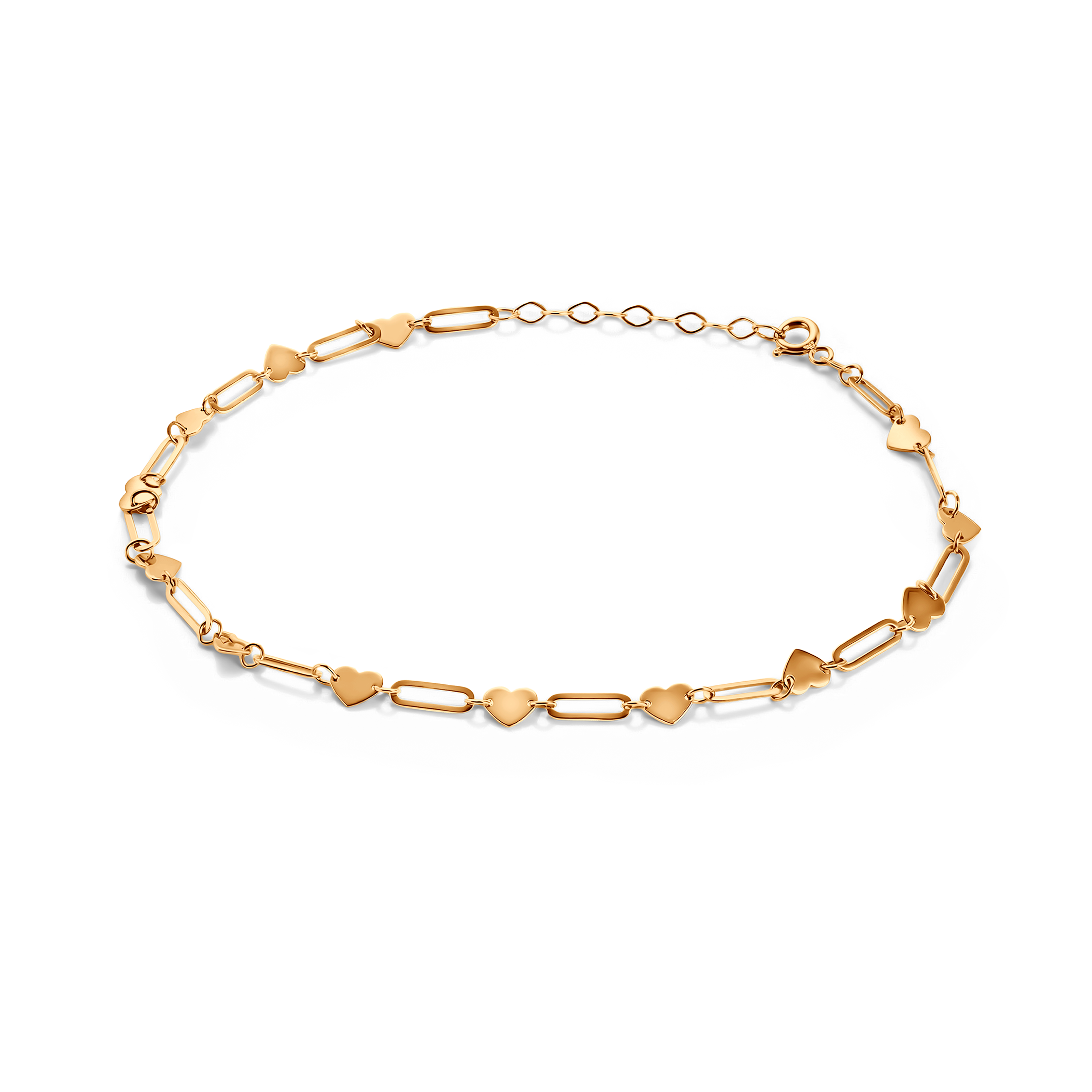 Bransoletka na nogę Łańcuszkowa podłużne ogniwa i serca złota 22+3cm