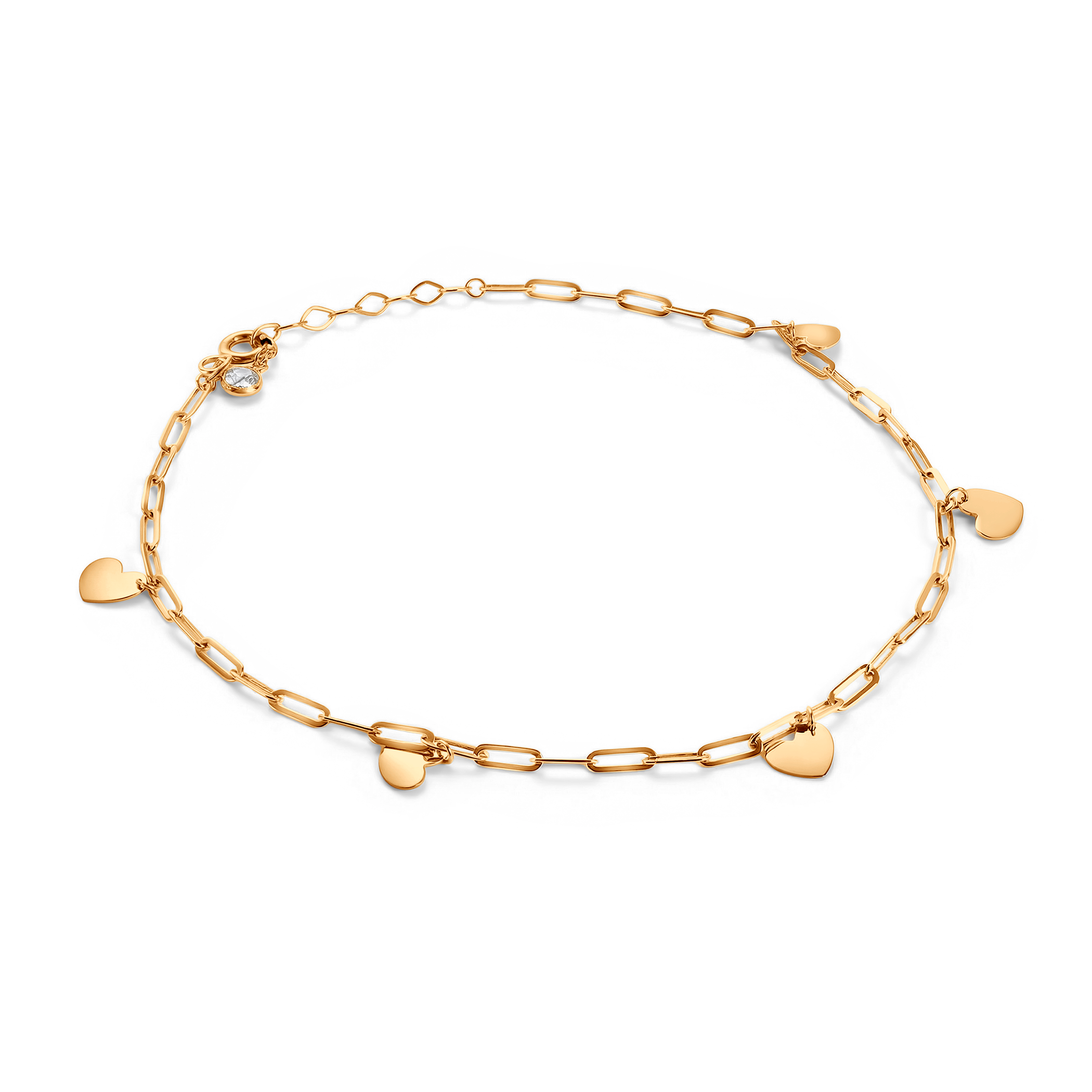 Bransoletka na nogę Łańcuszkowa podłużne ogniwa i wiszące serca złota 22+3cm