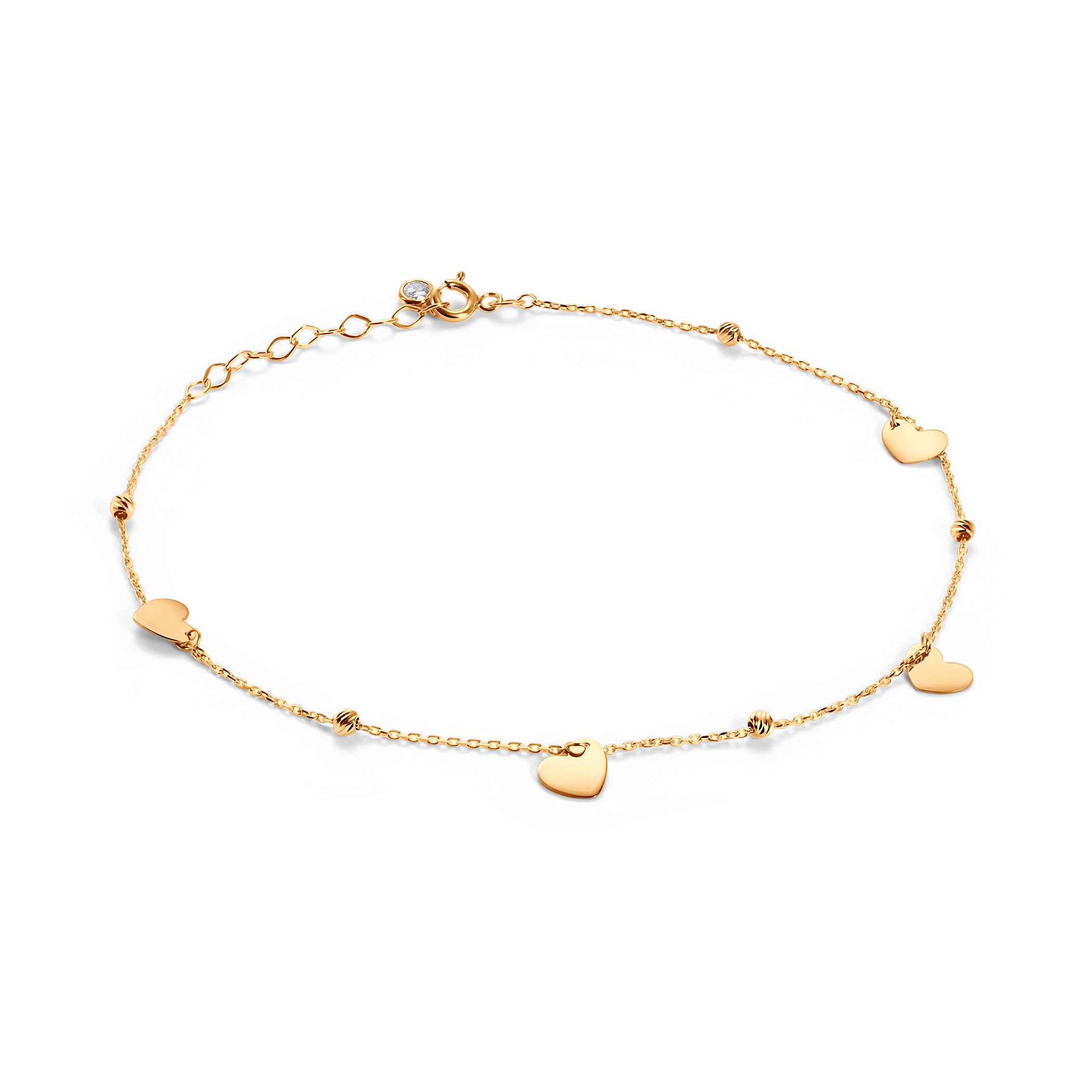 Bransoletka na nogę Łańcuszkowa wiszące serca i diamentowane kulki złota 22+3cm