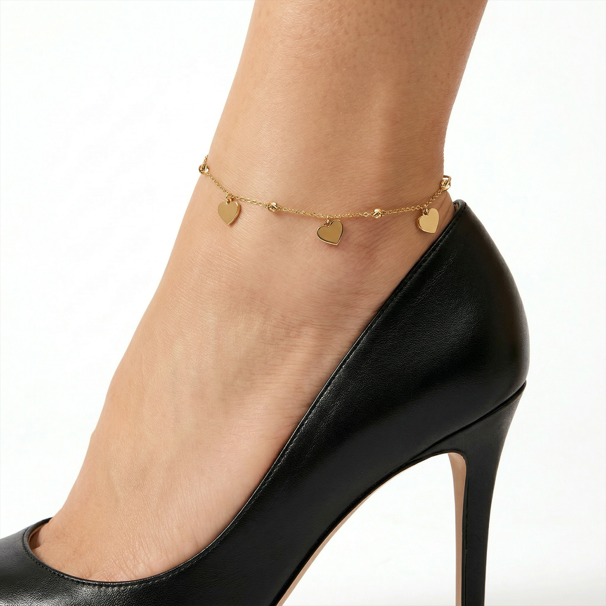 Bransoletka na nogę Łańcuszkowa wiszące serca i diamentowane kulki złota 22+3cm - 5