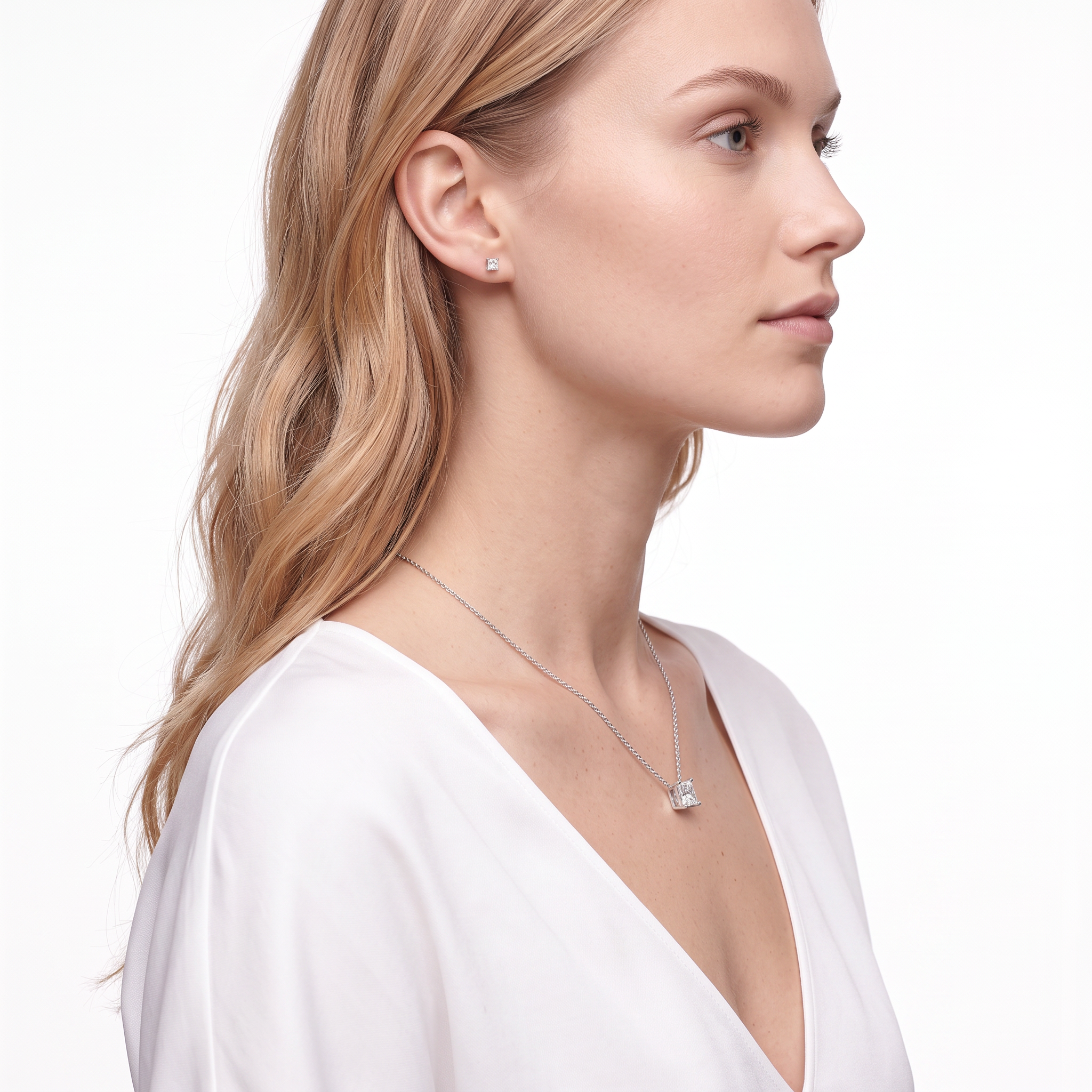 14K white gold necklace with 0.5ct princess cut lab-grown white diamond 48 cm - 5