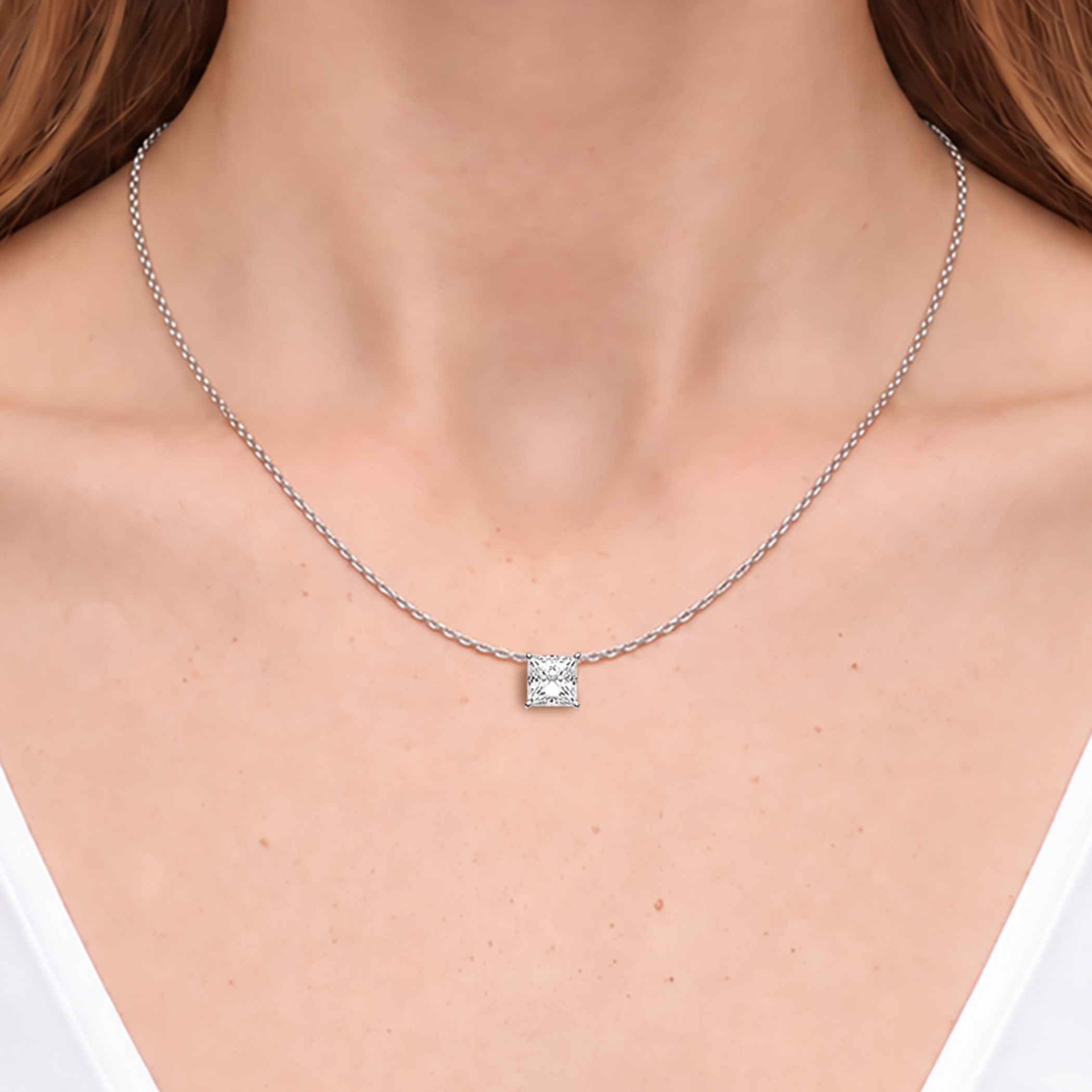 Naszyjnik z białego złota 585 z białym diamentem laboratoryjnym 0.5ct w szlifie princessa 48 cm - 5