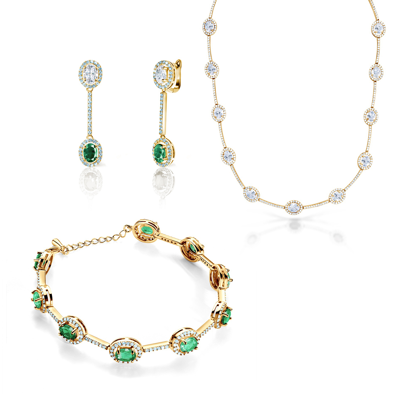Sada šperků Swan Lake: žluté zlato, diamanty, smaragdy