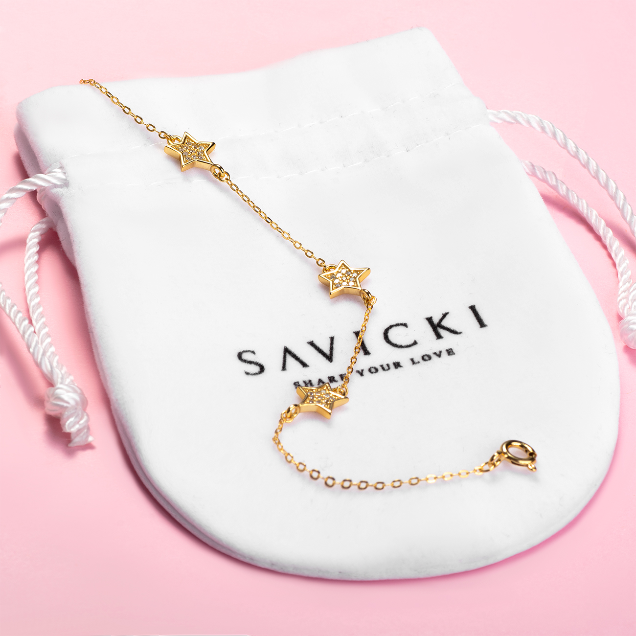 Armband Kette mit Anhänger  Sterne Savicki: Silber Vergoldet, Zirkonia - 4