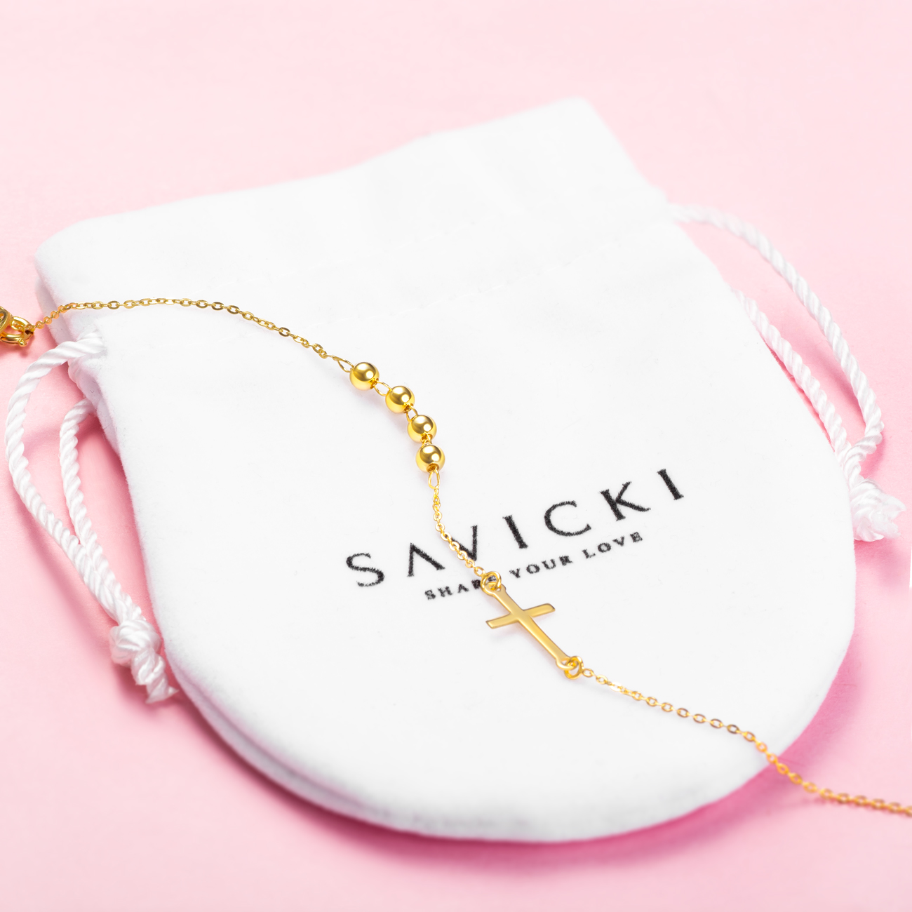 Armband Kette mit Anhänger  Kreuz Savicki: Silber Vergoldet - 4